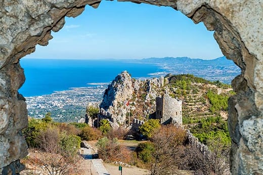 view from Saint Hilarion Castle, blue skies and blue sea