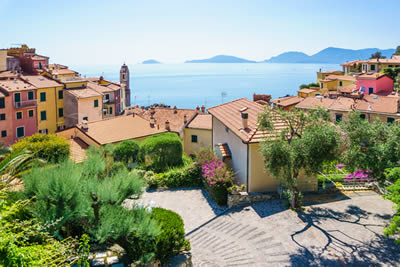 View over some italian villas looking out to sea on a sunny day