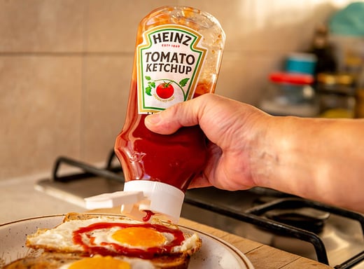 tomato ketchup being squeezed onto a fried egg